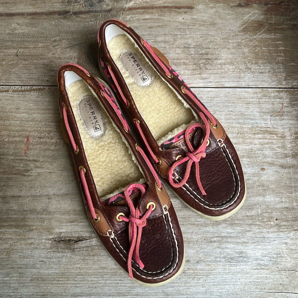 Sperry Brown Boat Shoes with Pink Leopard Print Sz women’s 6 M - Picture 3 of 10